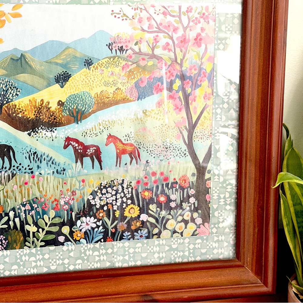 Whimsical Horses in a Colorful Flower Field Forest Canvas Wall Art Wood Framed - Picture 7 of 11